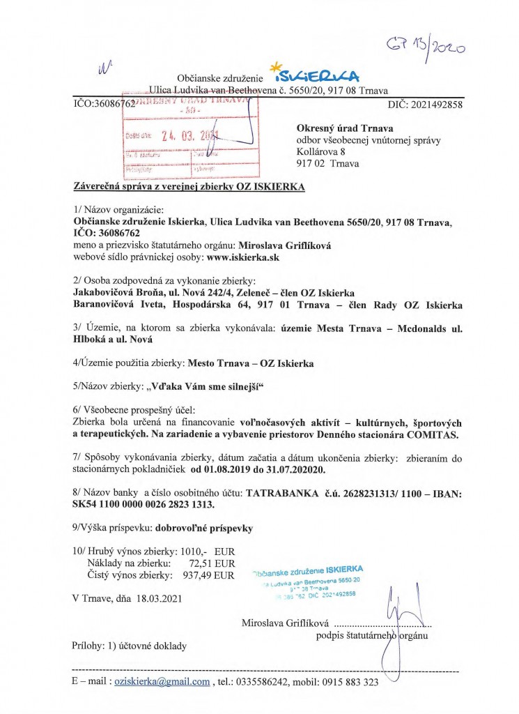 Zbierka - záverečná správa Vďaka vám sme silnejší